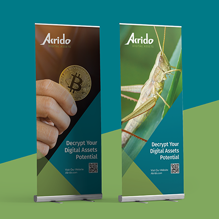Akrido pull up banners Akrido brand design by CUBE Design roll up banners, financial brand