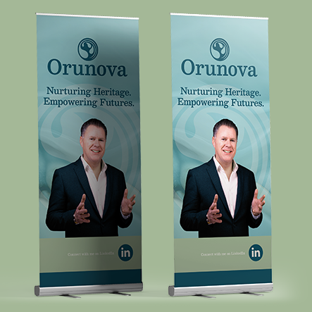 Orunova pull up banner visual support for strategic brand design by CUBE Design Founder, Barbara Monahan