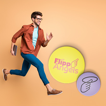 Flipp Angels Brand designed by Barbara Monahan of CUBE Design — running man and button badges